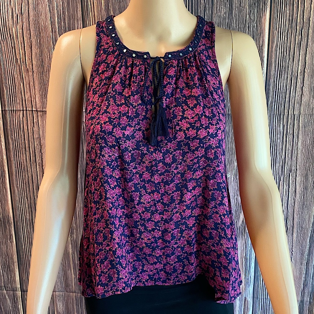 Forever 21 size small NWT floral boho tassel tank top blue indigo hot pink